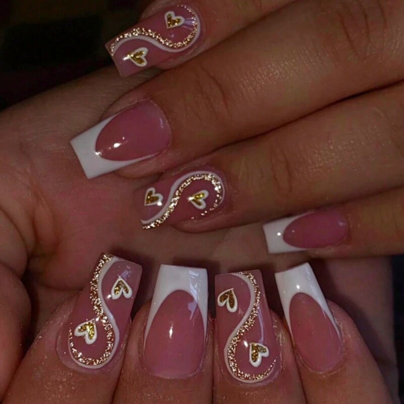 Valentine's Day Medium Golden Love European Square Nail White Stripe Golden French Edge Gentle Sweet Superior Nail Valentine's Day Medium Golden Love European Square Nail White Stripe Golden French Edge Gentle Sweet Superior Nail