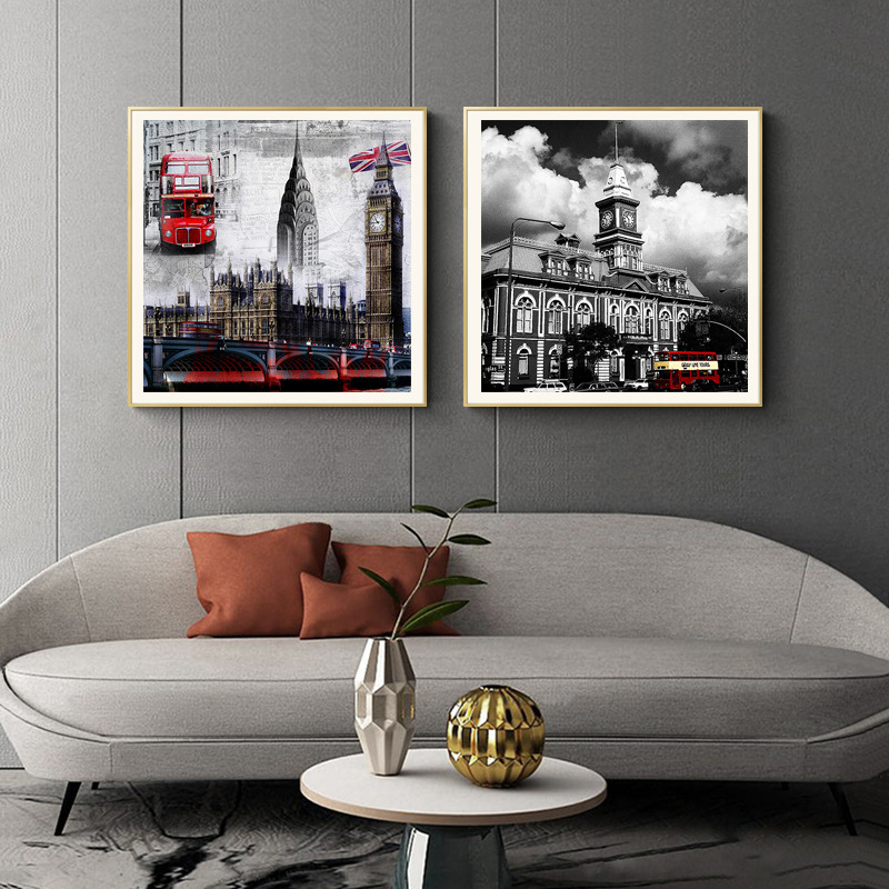 Modern Black And White Red City Street Scenery Bus Bicycle Bedroom Home Decor Painting Core Print_voghion.com