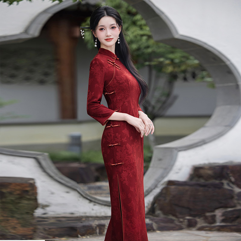 红色国风中式苏州长款秋季长袖旗袍改良年轻款女复古修身收腰春秋|undefined