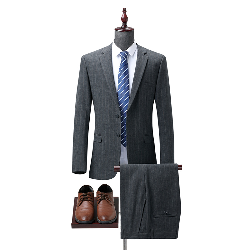 高档两件套羊毛西装男条纹正装商务韩版修身西服结婚礼服套西外套
