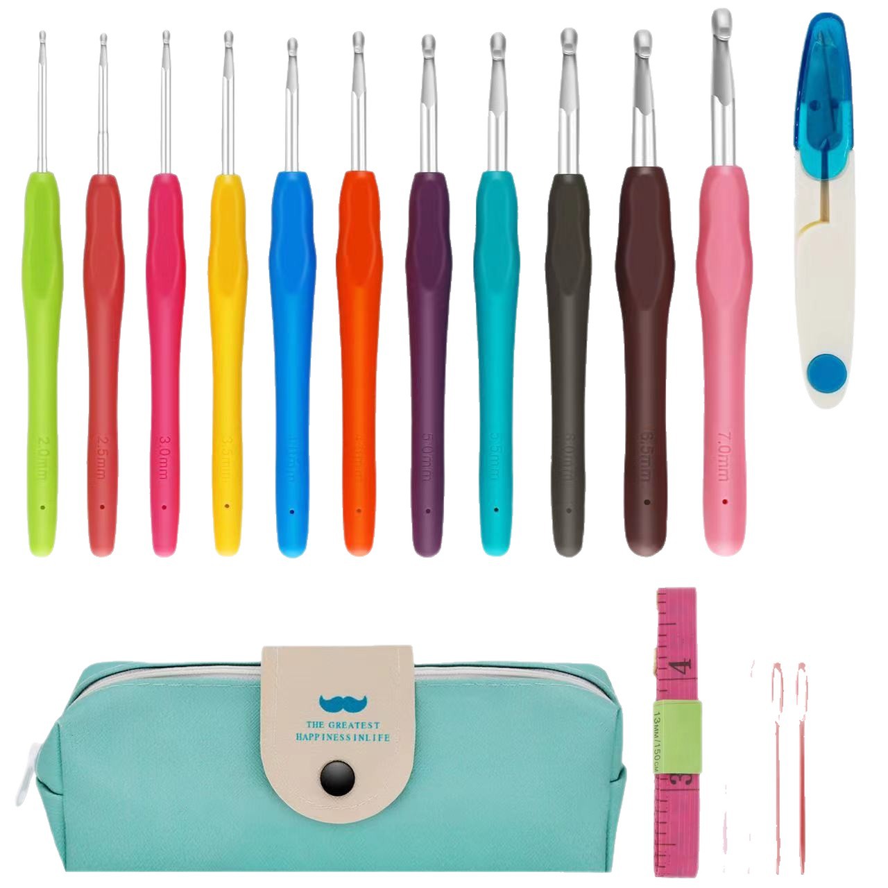 Herramienta de tejido de lana 11 juegos de ganchillo de arco iris color TPR mango suave de aluminio ganchillo de lana bolsa de gancho 30PC