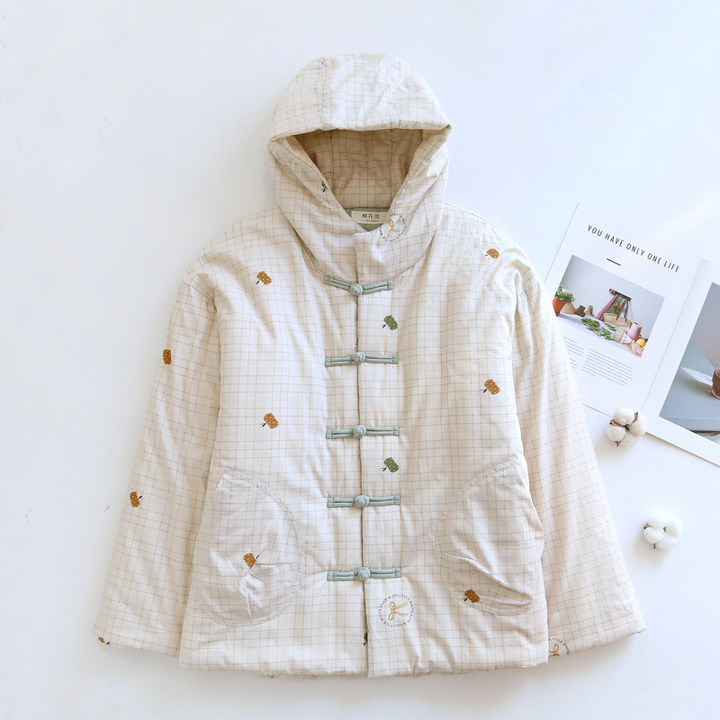 527 Winter Women's Hooded Handmade Cotton Warm Clothing Large Size Retro Button Thickened Tops Top Loose