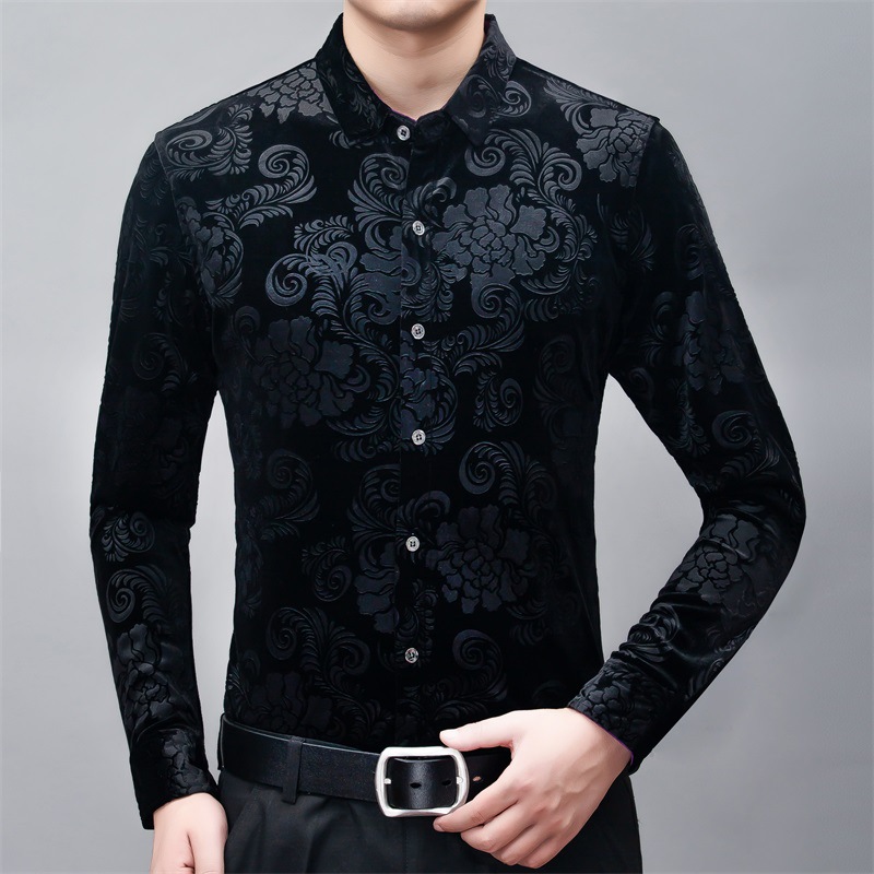 A principios del otoño camisa de terciopelo dorado retro delgada para hombres papá de mediana edad casual de los hombres usa camisa de manga larga sin planchar