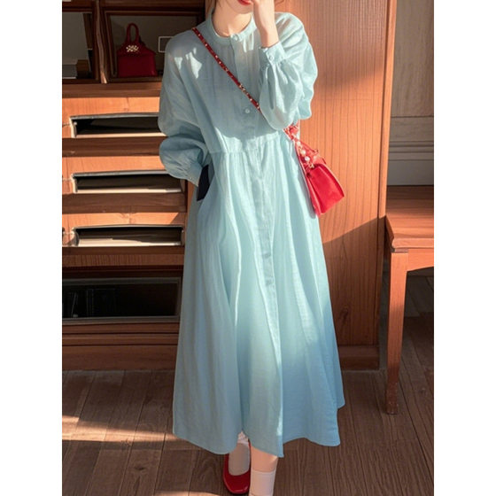 2025 spring dopamine wear beautiful unique beautiful high-end feeling small style blue long sleeve shirt dress