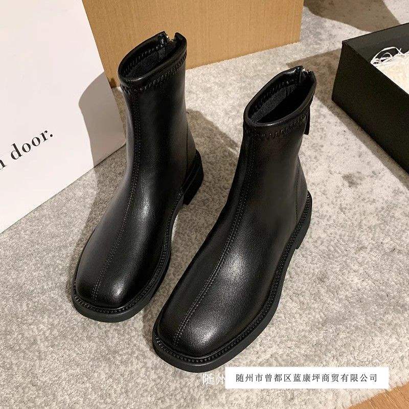 French White Boots Short Boots for Women 2025 New Velvet Boots Short Flats Square Toe Slim Boots