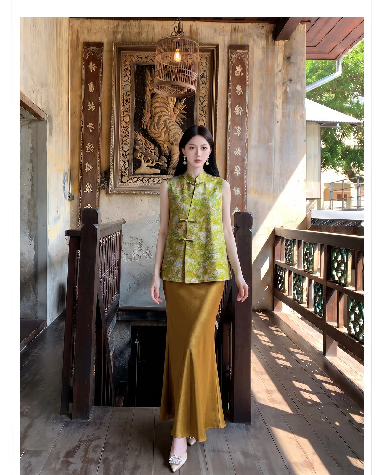 Áo hai dây nữ phong cách Trung Hoa thêu hoa, cúc bấm, chất liệu satin mềm mại — Xanh lá cây nhạtcolor chi tiết 10