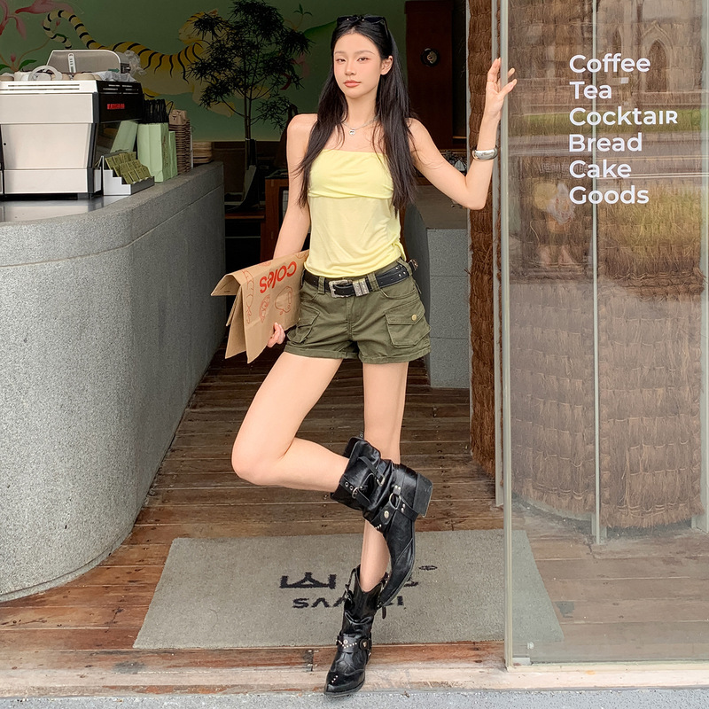 【Jin Yin】American-Style Spicy Retro Workwear Low-Waist Denim Shorts with 3D Pocket Patchwork Slimming Hot Pants for Women 【Jin Yin】American-Style Spicy Retro Workwear Low-Waist Denim Shorts with 3D Pocket Patchwork Slimming Hot Pants for Women