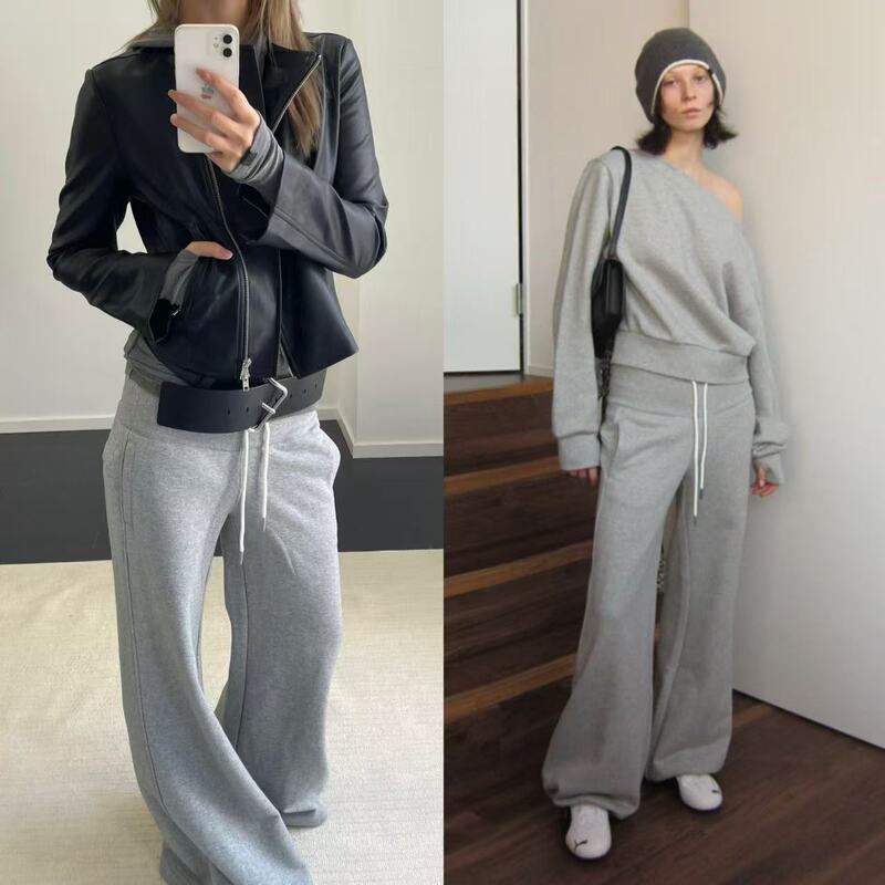 26 Early Spring New Style Ra Siro-Spun Organic Cotton Wide-Waist Ribbed Casual Loose Wide-Leg Floor-Length Flared Sweatpants 26 Early Spring New Style Ra Siro-Spun Organic Cotton Wide-Waist Ribbed Casual Loose Wide-Leg Floor-Length Flared Sweatpants