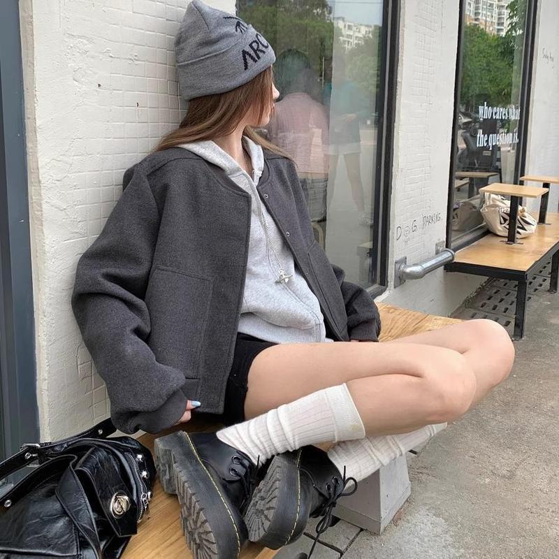 初秋外套女高级感灰色毛呢拉链棒球服气质短款夹克宽松休闲上衣潮|undefined