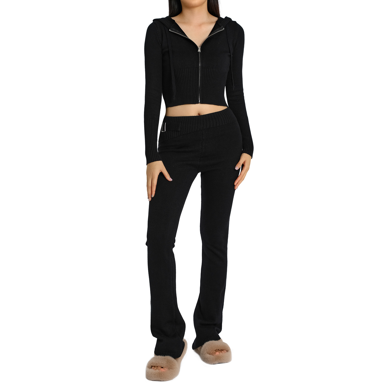 Ensemble deux pièces en tricot à capuche pour femme, pantalon sexy à manches longues et taille haute, à la mode_voghion.com