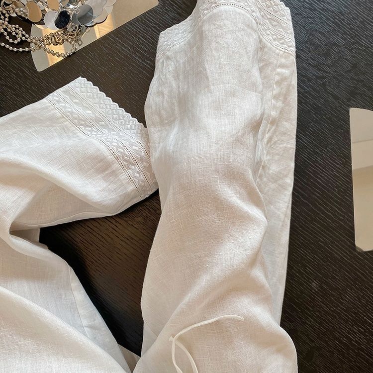 白色刺绣花边拼接棉麻休闲裤女夏季薄新款宽松慵懒显瘦九分阔腿裤|undefined