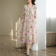 2024 Summer New Artistic Retro V-Neck Printed Pleated Large Swing Drawstring Mid-length Loose Slimming dress