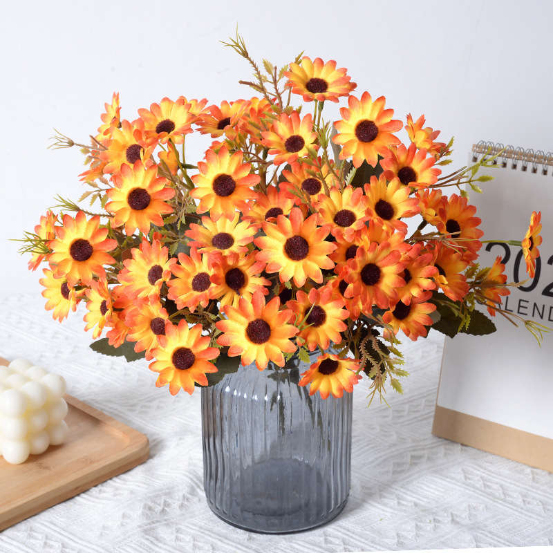 Crisantemo artificial 18-cabeza otoño Daisy flor falsa mango pequeño paño de seda flor Home Hotel decoración boda carretera plomo flor