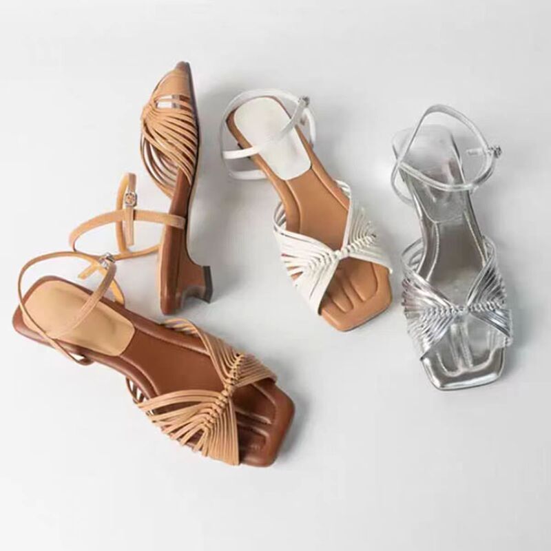 Women's Square Head Thick Heeled Sandals with High Heeled Shoes for 2024 Summer New Style Hand-woven Roman Sandals Women's Square Head Thick Heeled Sandals with High Heeled Shoes for 2024 Summer New Style Hand-woven Roman Sandals
