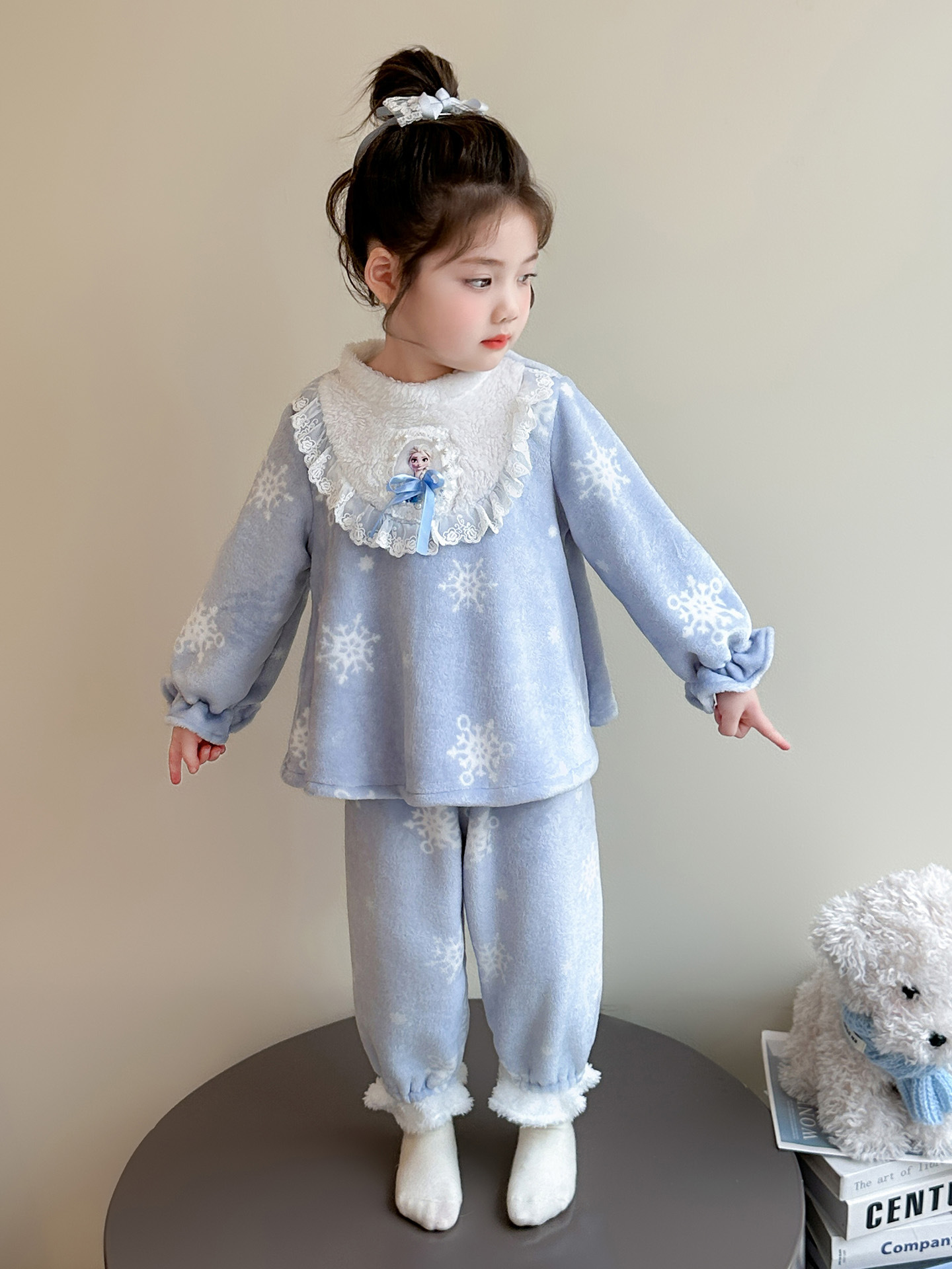Niñas coreanas de invierno nuevo pajama de coral de franela engrosado conjunto de ropa de casa princesa dulce