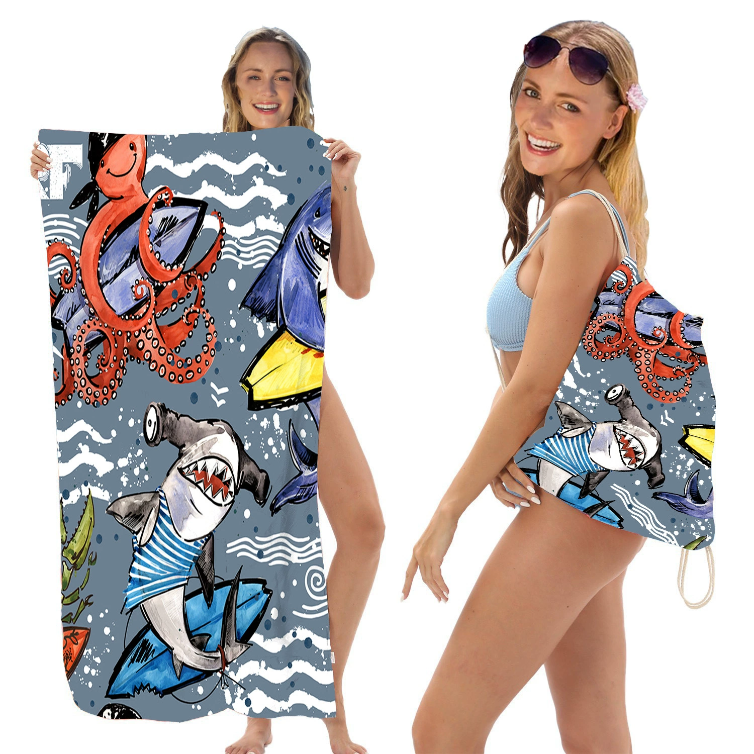Складное пляжное полотенце с изображением морских животных, универсальное пляжное полотенце, универсальная сумка для хранения