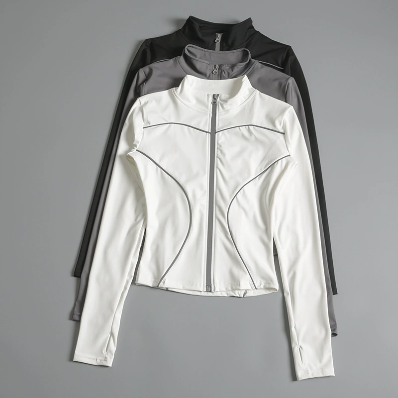 Одежда для йоги, женская куртка с плотным воротником-стойкой, молния, светоотражающая, для ночного бега, езды на велосипеде, быстросохнущий спортивный топ, одежда для фитнеса с длинными рукавами, осень