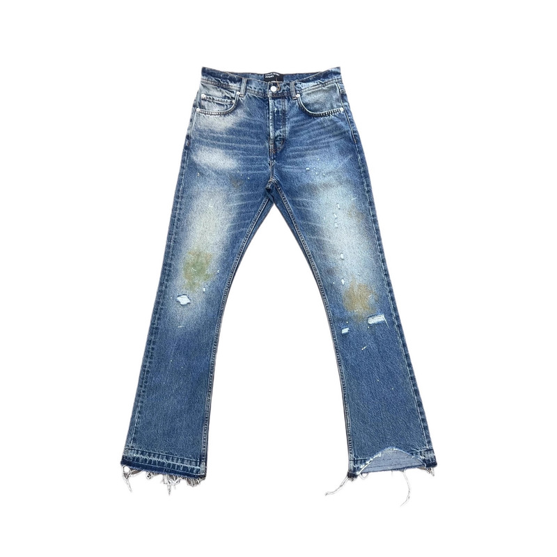 Erd Style Blue Burnt Destruction Washed Bootcut Jeans Men's Cleanfit Retro Slim High Waist Pants