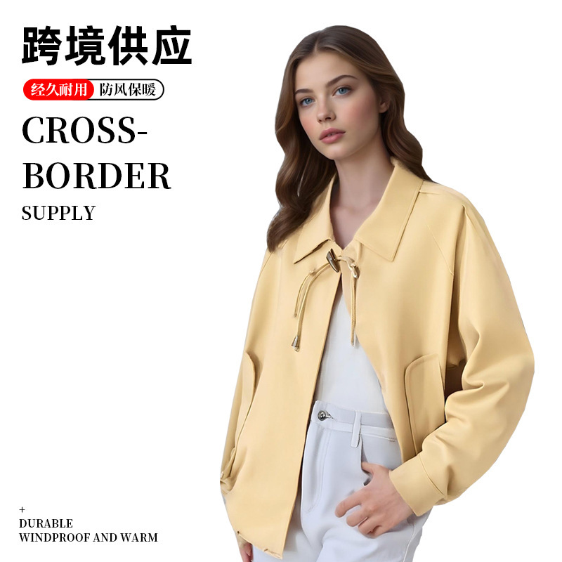 Factory Direct Supply Pu Leather Jacket Women's Leather Jacket Elegant Simple Short Cardigan Top Motorcycle Jacket Wholesale