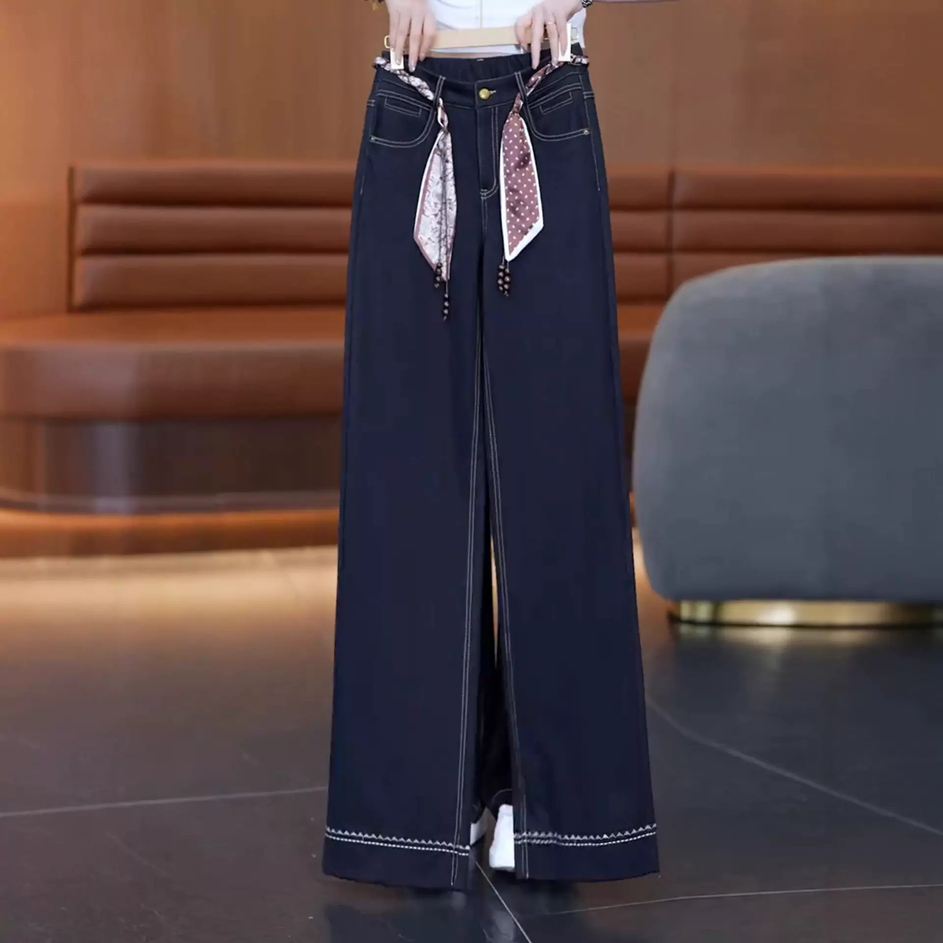 女士阔腿牛仔裤宽松2025夏季新款高腰垂感拖地长裤显瘦薄款直筒裤