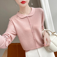 娃娃领套头长袖针织衫宽松休闲减龄女时尚洋气假开衫翻领多扣上衣