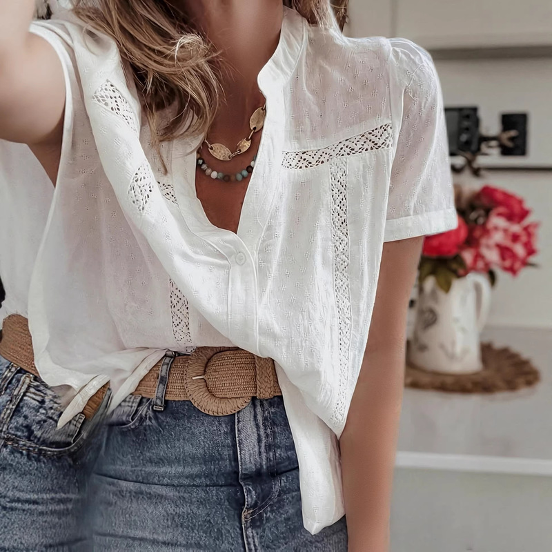 2026 European and American Independent Website Cross-Border Hot-Selling Summer French-Style Off-White Stand-Collar Puff Short-Sleeve Lace Patchwork Shirt