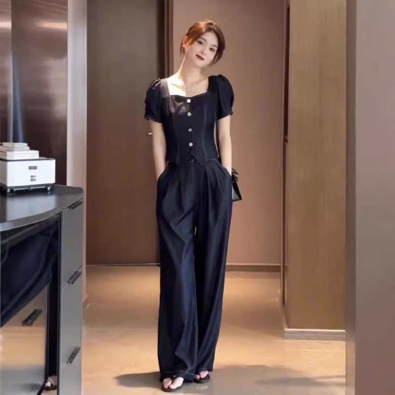 Trendy Internet Celebrity Hot-Selling Women's Summer Slimming and Stylish T-Shirt Top with Casual Wide-Leg Pants High-End Two-Piece Set Trendy Internet Celebrity Hot-Selling Women's Summer Slimming and Stylish T-Shirt Top with Casual Wide-Leg Pants High-End Two-Piece Set