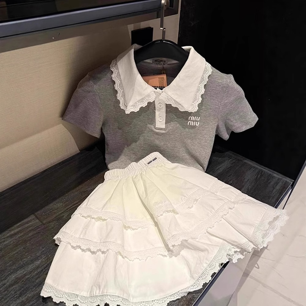 Girls Suit Summer 2025 New Style Kidsren's Style Polo Shirt Summer Dress Girl Super Nice Cake Skirt Two-Piece Set
