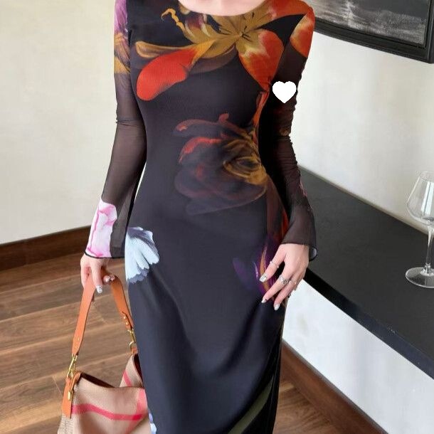 2026 Spring Original Turkish New Printed Mesh Long Sleeve Dress Mid-Length Women's Dress Base Layer 2026 Spring Original Turkish New Printed Mesh Long Sleeve Dress Mid-Length Women's Dress Base Layer