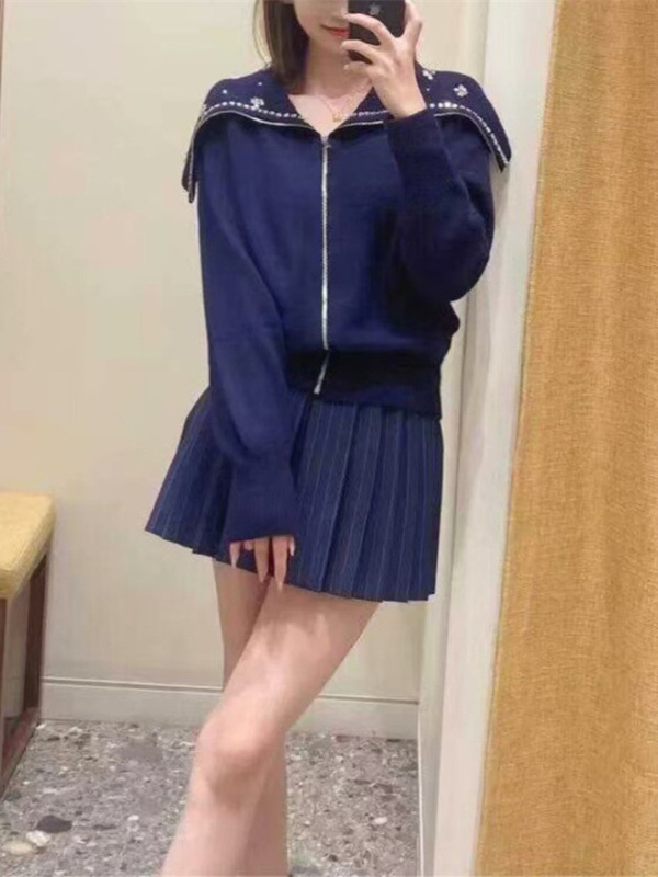French-Style Niche 24 Autumn/Winter New Rhinestone Large Lapel Zipper Sweater Wool Knit Cardigan French-Style Niche 24 Autumn/Winter New Rhinestone Large Lapel Zipper Sweater Wool Knit Cardigan