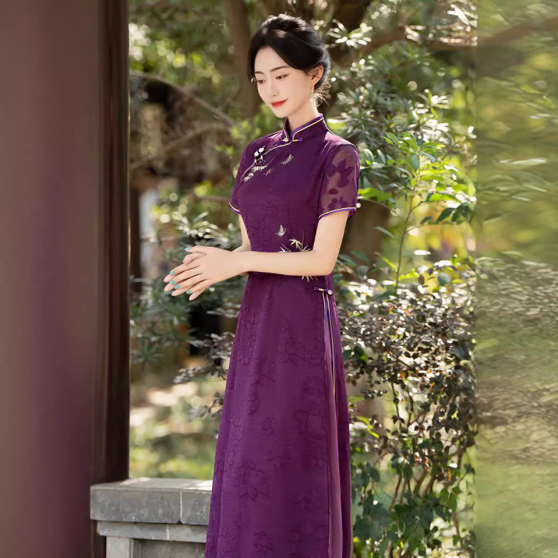 2025 New Summer Style Purple Embroidered Elegant National Style Long New Chinese Style Cheongsam