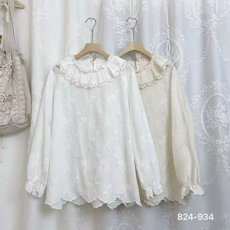 Fresh and Youthful Lace Ruffle Collar Long-Sleeve Shirt, Loose and Versatile, Fully Embroidered Pullover Doll Shirt Fresh and Youthful Lace Ruffle Collar Long-Sleeve Shirt, Loose and Versatile, Fully Embroidered Pullover Doll Shirt