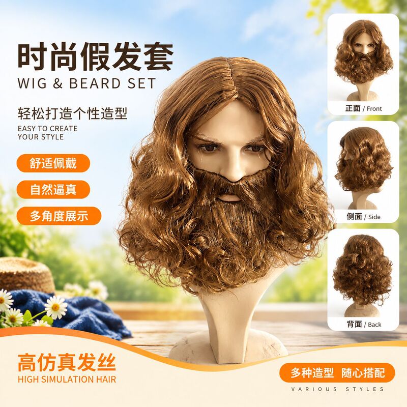 Cross-Border European and American Santa Claus Style Holiday Wig, Brown Christmas Cosplay Wig, Short Curly Beard Wholesale