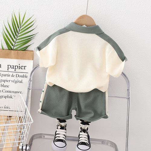 Children's new summer style boys' lapel casual long-sleeved suit baby sports shorts two-piece set trendy wholesale