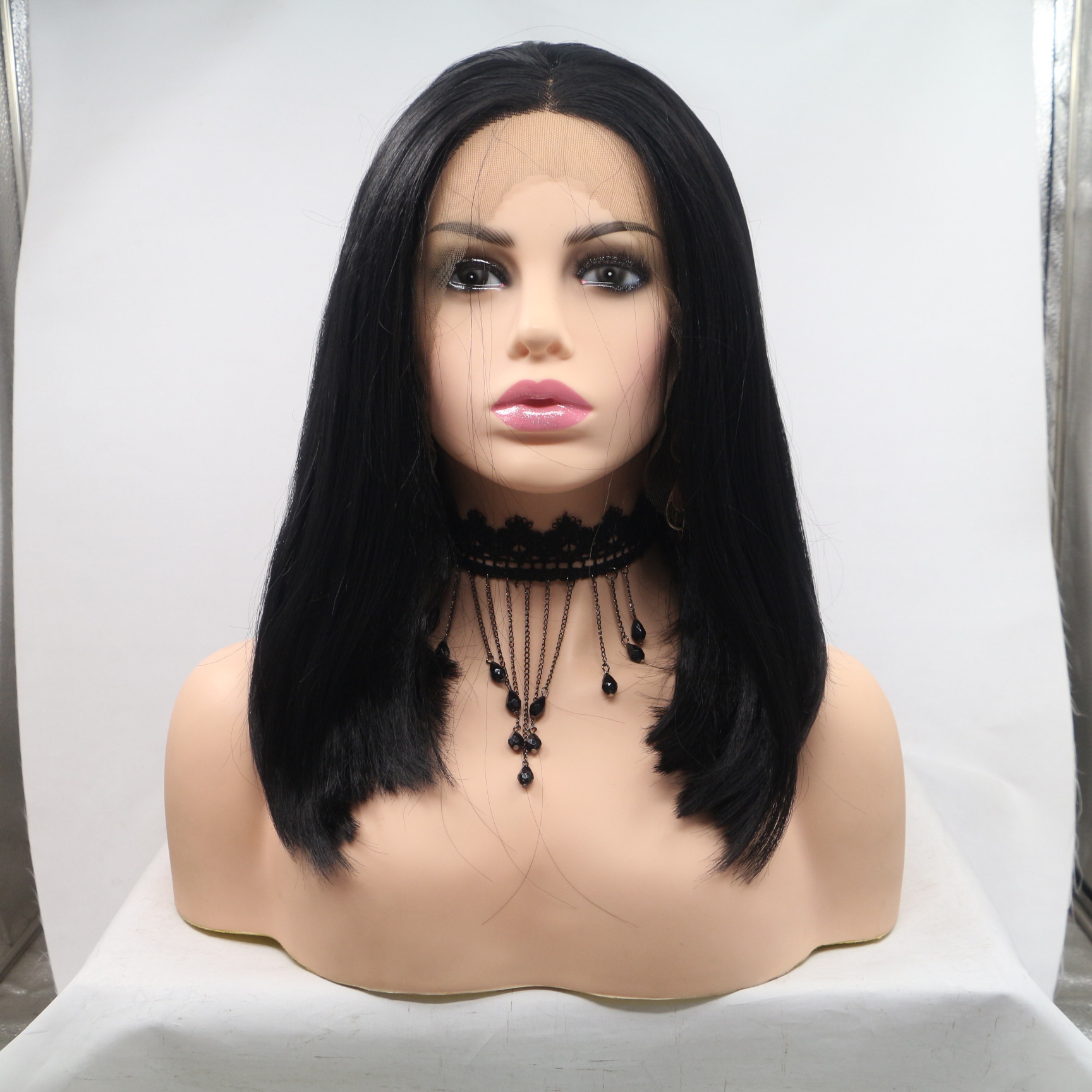 Peluca europea y americana pelo corto liso encaje de fibra química negra nuevo Lace Front Wigs