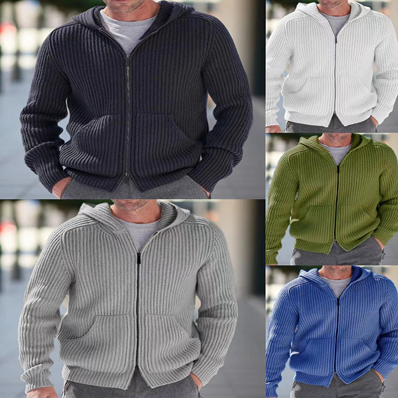 Casual Pullover Männer Jacken Stricken Langarm Zip-up Pullover Strickjacken für Herren Herbst Freizeit Reine Farbe Gestrickte Kapuzenmantel_voghion.com