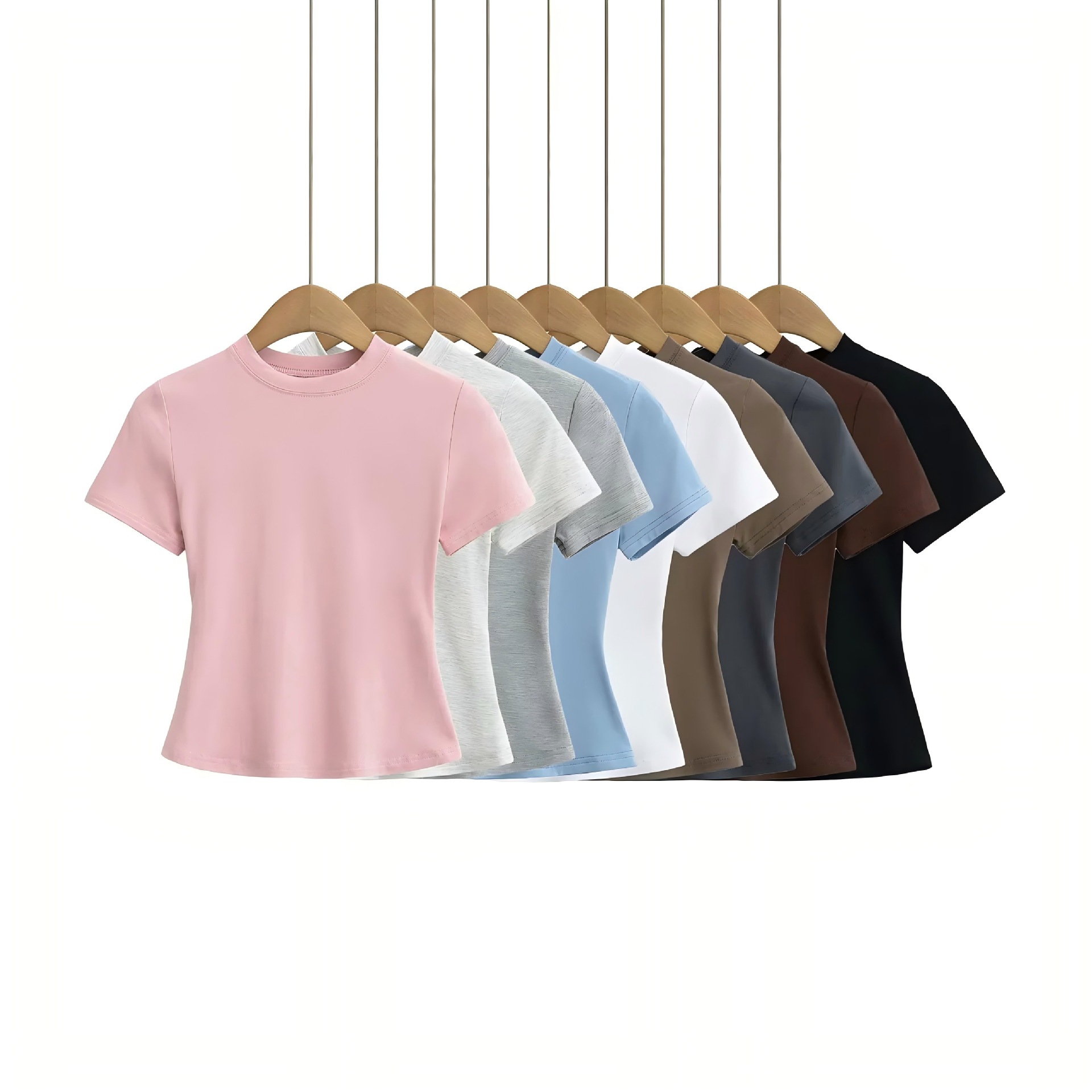 Factory Live Wholesale Solid Color Small Round Neck Short Sleeve Top 2025 Summer Shoulder Slim Elastic Slim Slim Slim T-Shirt