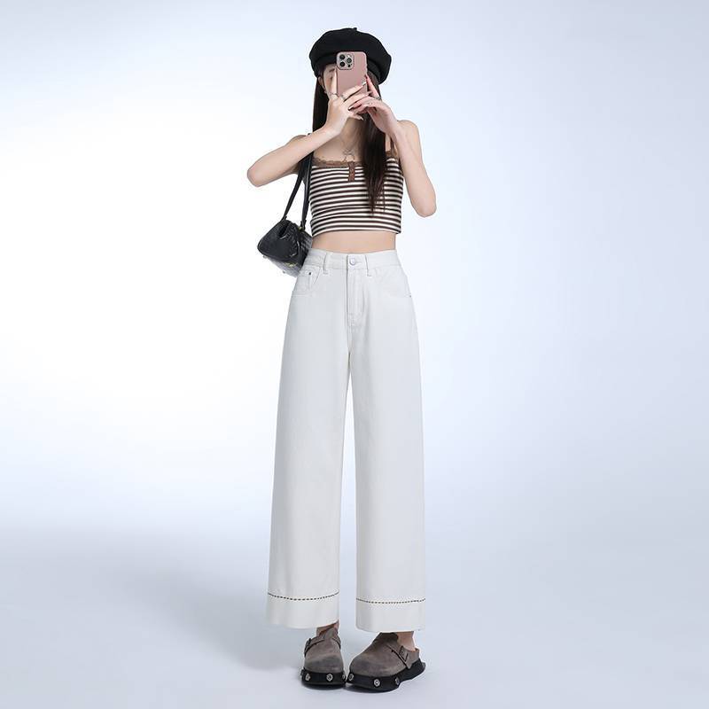 Wholesale Korean Style Straight-Leg Wide-Leg Jeans for Women Spring and Summer Loose High-Waist Slimming Off-White Nine-Point Straight Pants Wholesale Korean Style Straight-Leg Wide-Leg Jeans for Women Spring and Summer Loose High-Waist Slimming Off-White Nine-Point Straight Pants