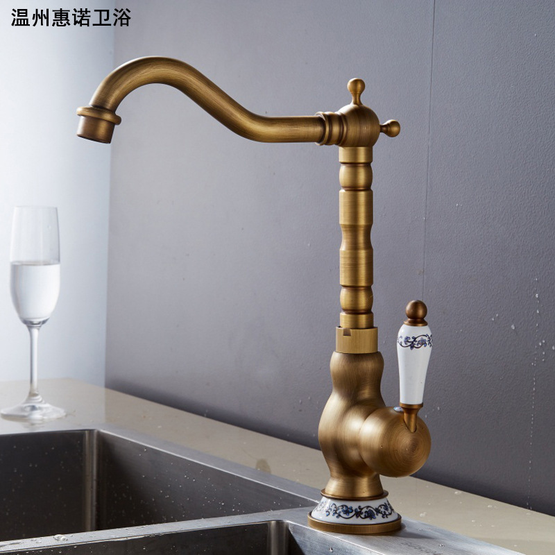 All-copper French vintage basin faucet for kitchen and home bathroom cabinet, blue and white porcelain splash-proof hot and cold single-hole faucet