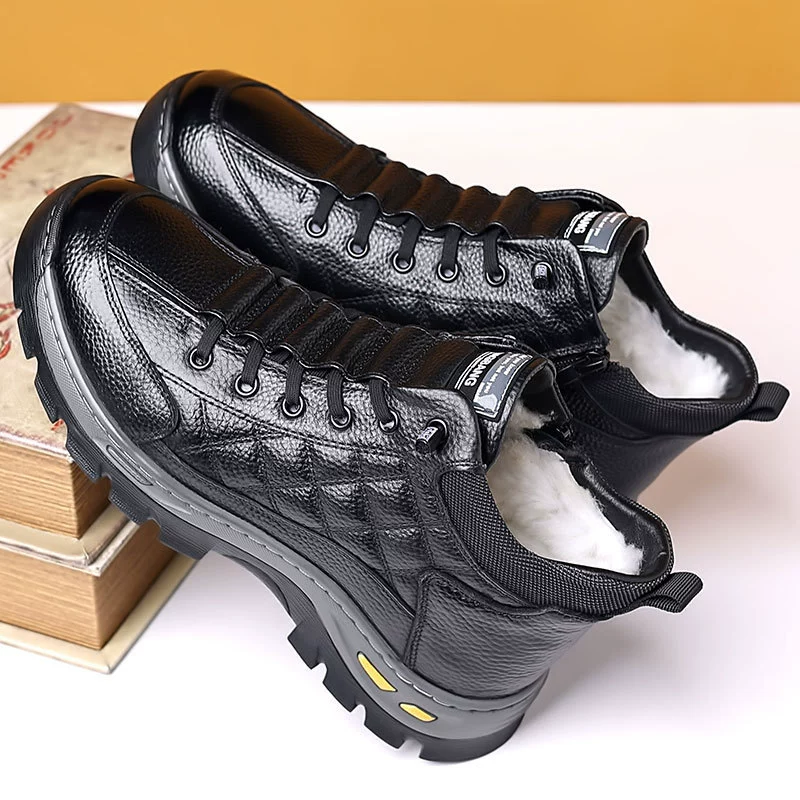 High boots, genuine leather, wool‑lined warm interior, rugged sole, sizes 38–44