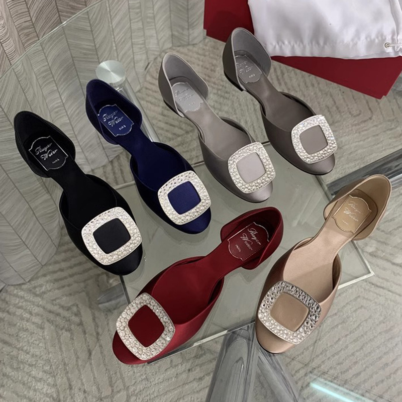 2025 Summer and Autumn New Silk Satin Rv Small Waist Single Shoes Side Hollow Round Toe Rhinestone Square Buckle Ballet Plaid