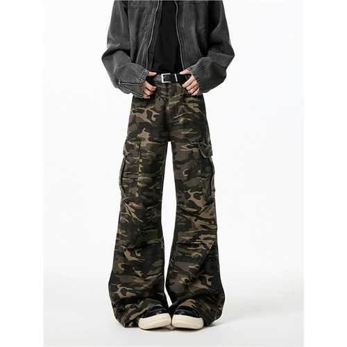 American street camouflage workwear jeans for men and women trendy brand spring loose flared casual floor-length pants