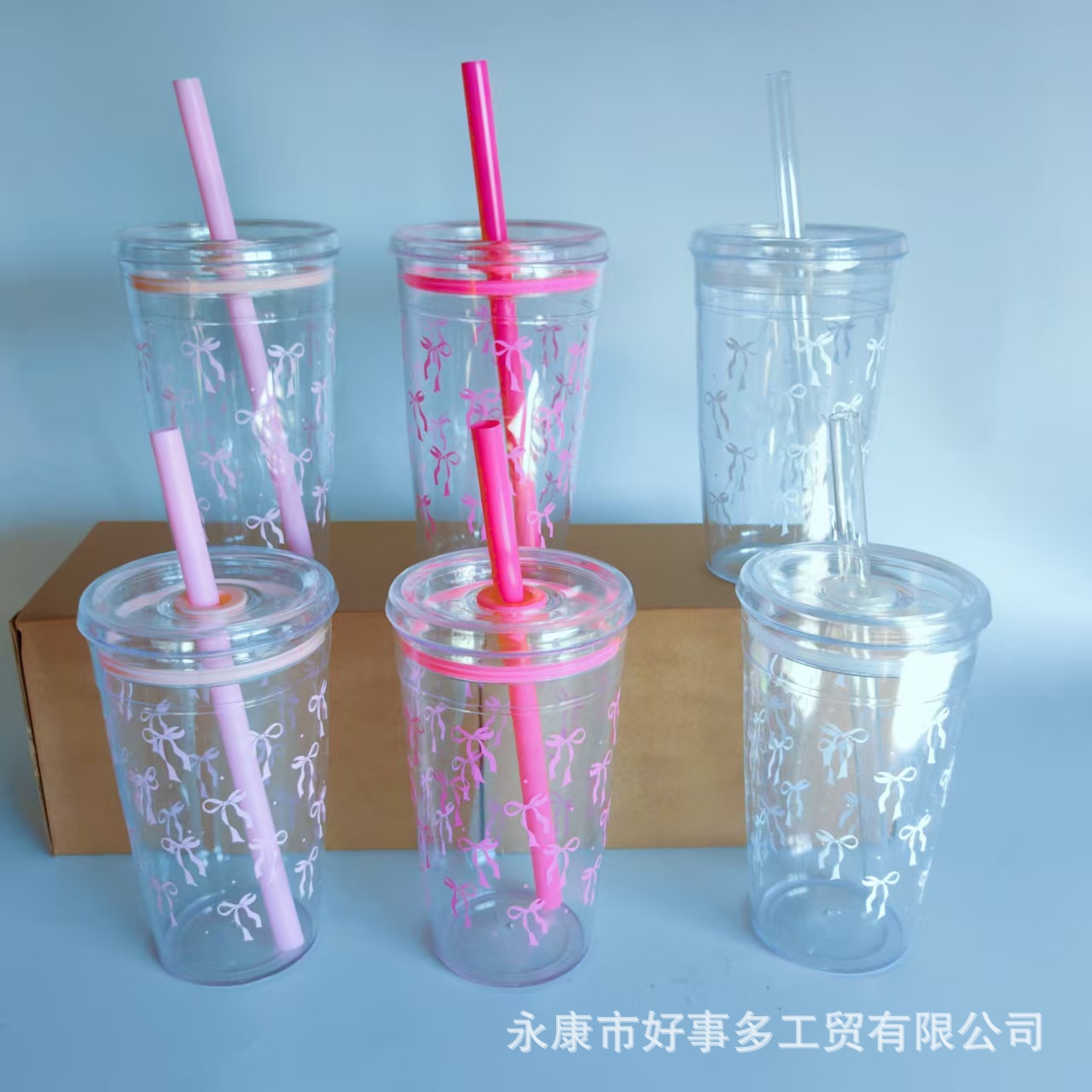 ins粉色蝴蝶结水杯高颜值PS咖啡杯创意果汁吸管杯牛奶少女杯子