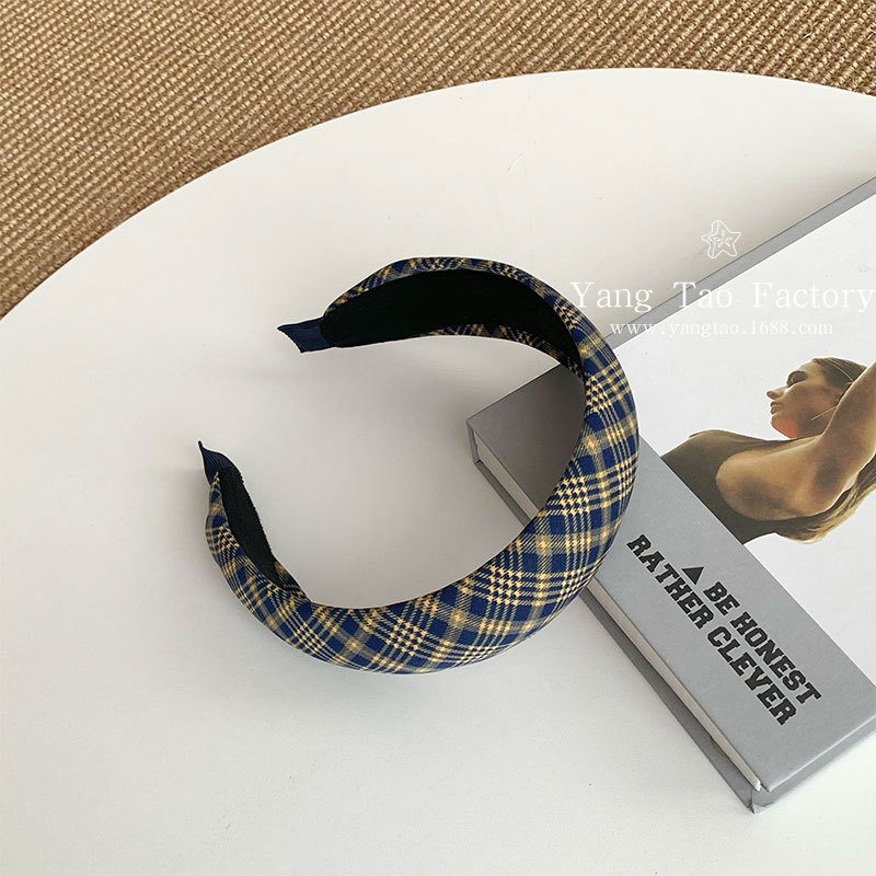 Diadema de tela a cuadros azul coreana, mujer fresca y versátil, diadema superior de cráneo alto blanco, horquilla de presión de temperamento fuera