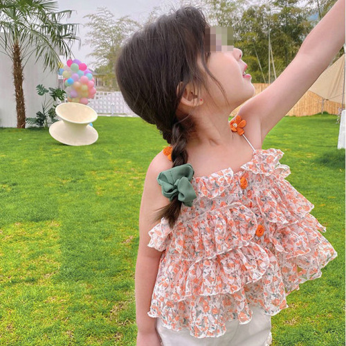 Korean version girl's sleeveless doll shirt baby summer dress chiffon 2024 new stylish summer children's top strap trendy