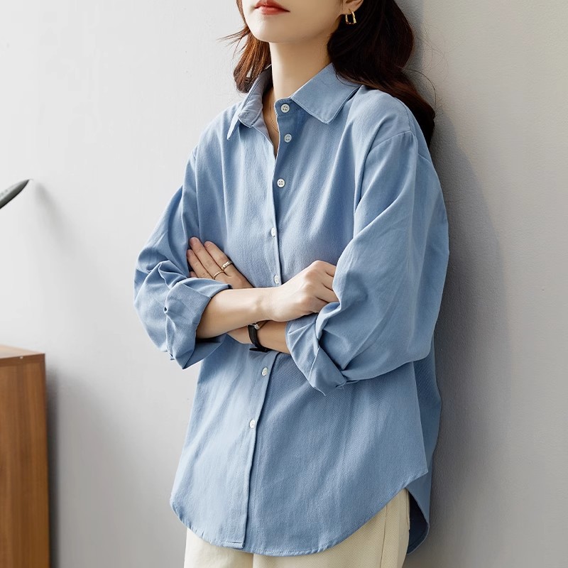 공식 인물 [완전한 면 3 표준] 순수한면 단색 셔츠 여성용 캐주얼 셔츠 코트 직장 대학 스타일