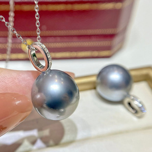 S925 Silver Pendant with Picture 13-14mm Platinum Gray Tahitian Black Pearl Simple and Clean Accessories Do Not Include Pearls