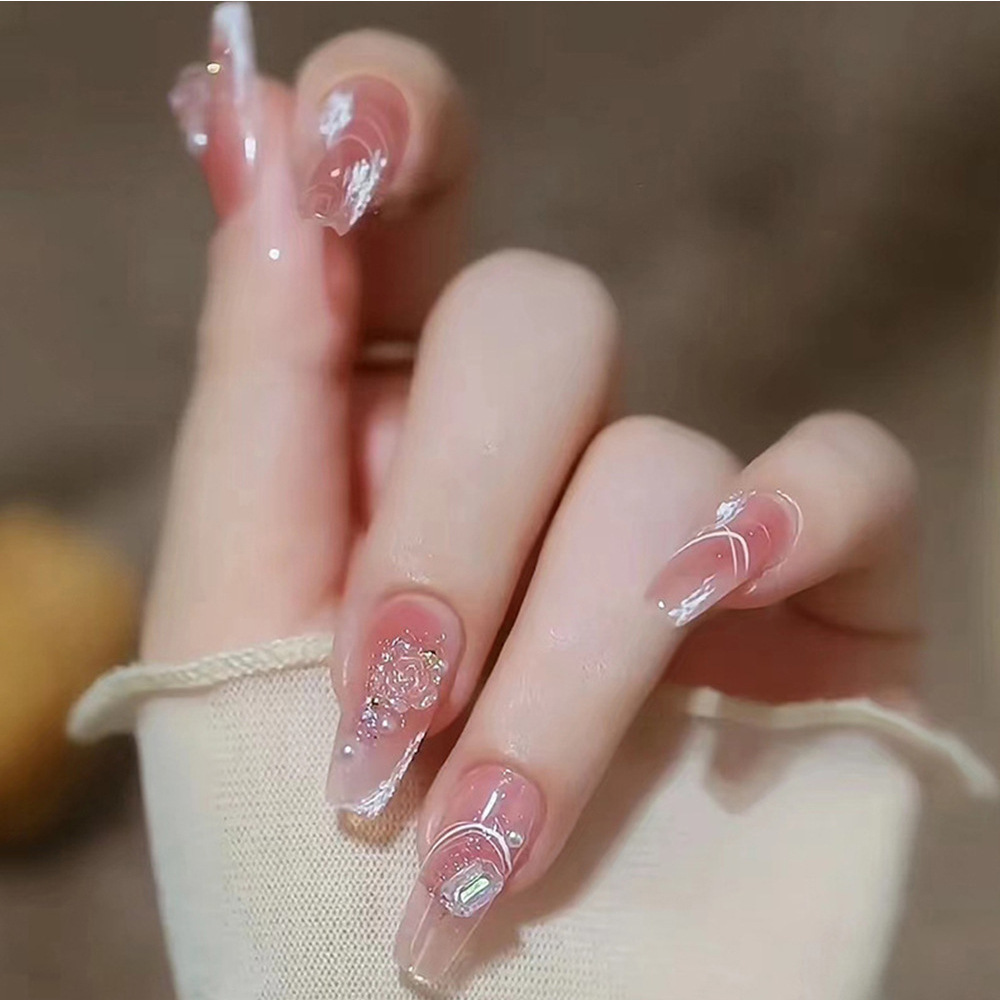 Moda venta caliente con incrustaciones de diamantes, pegamento de gelatina, piezas de uñas para uñas para uñas para estudiantes, piezas cortas al por mayor, piezas de uñas para usar desmontables