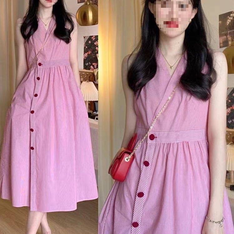 法式气质粉色无袖背心连衣裙女夏小个子感超好看裙子