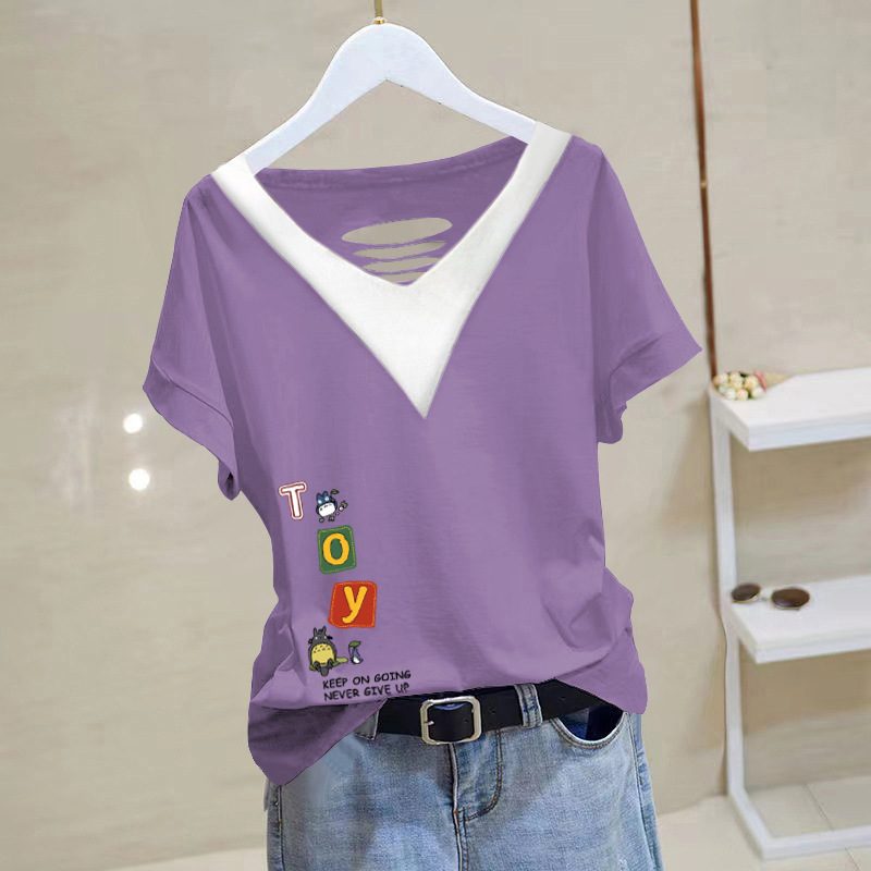 100 Cotton Hollow-out V-neck Short-sleeved T-shirt Women's Summer New All-match Loose Stylishness Chubby Girl's Color Contrast Design Top 100 Cotton Hollow-out V-neck Short-sleeved T-shirt Women's Summer New All-match Loose Stylishness Chubby Girl's Color Contrast Design Top